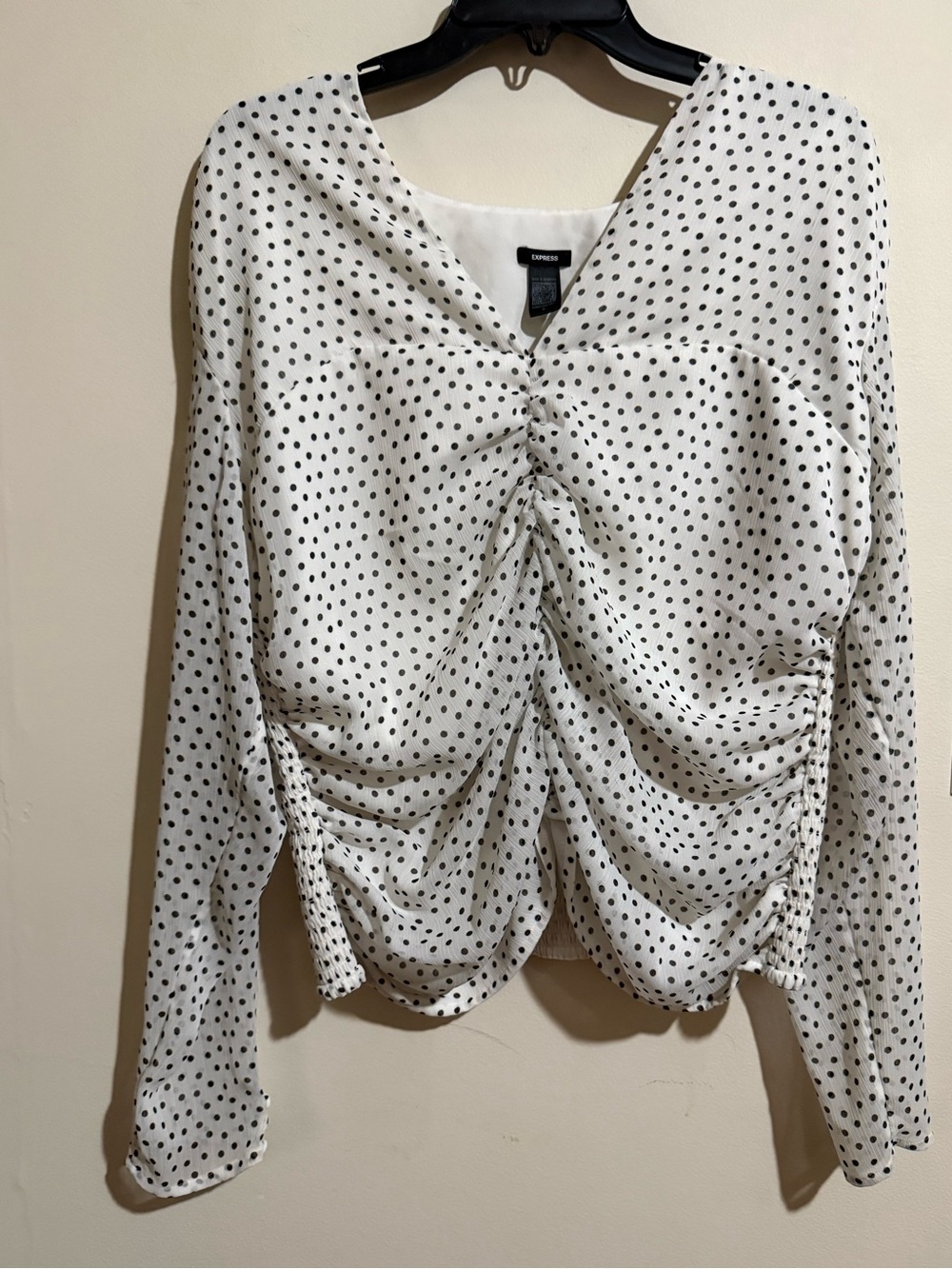 Express White and Black Polka Dot Ruched Front Blouse